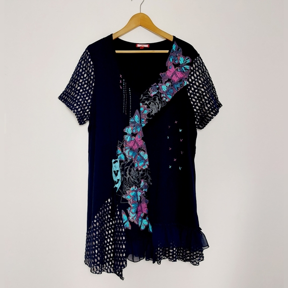 Joe Browns Dresses & Skirts - Joe Brown Navy Butterfly Pattern Lace Sleeve Frill Tunic Dress Size 20